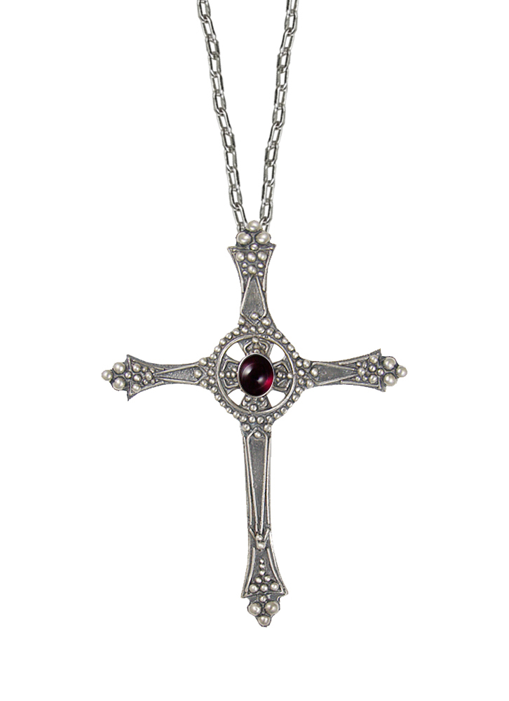 Sterling Silver Baroque Cross Pendant With Garnet
